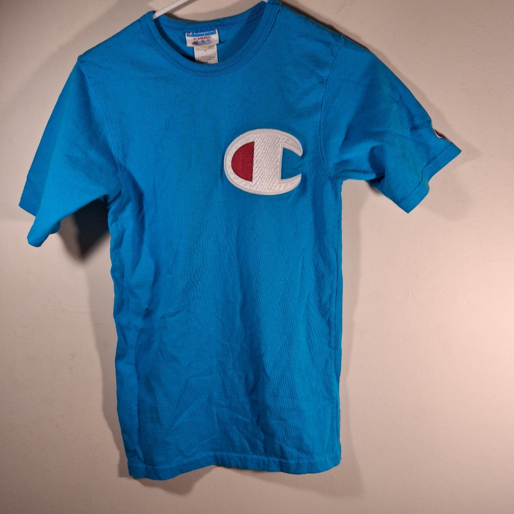 Vintage Champion Women's Turquoise Crew Neck Big C Short Sleeve Tee Size Xs
